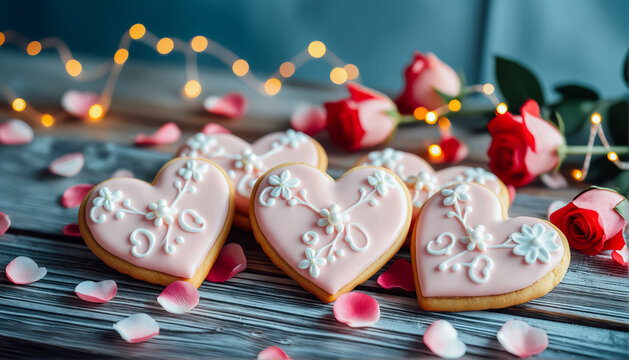 Freshly baked pink heart-shaped cookies with white sprinkles cooling on a rack, surrounded by delicate flowers.