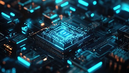 Fototapeta premium Exploring Futuristic Microchip Technology: A Close-Up View of Circuitry and Processing Power with Glowing Blue Details.
