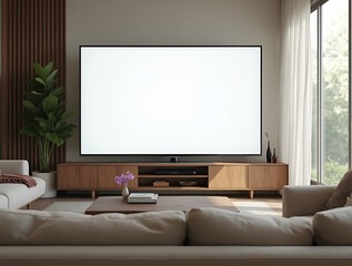 MOCKUP - blank tv screen in a living room with a couch and coffee table