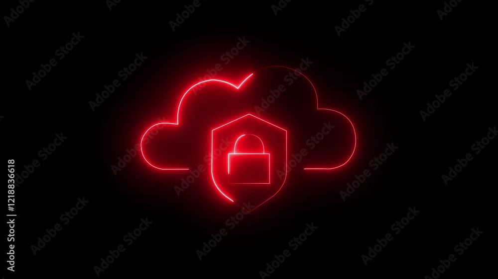 Poster cloud storage data protection concept. cyber security icon. cloud lock line icon .neon cloud securit