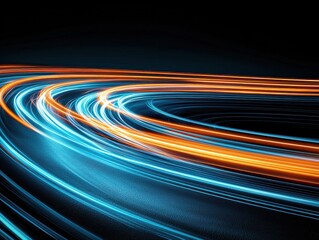Intricate light trails in bright orange and cyan abstract art digital design dark background aesthetic view