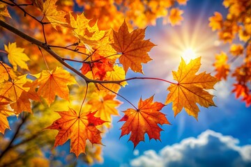 Autumn Maple Branch Against Sunny Sky - Fall Foliage