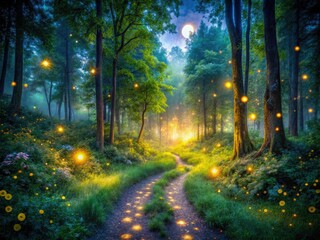 Fototapeta premium Drone captures enchanting night scene: a magical firefly forest path glowing softly.