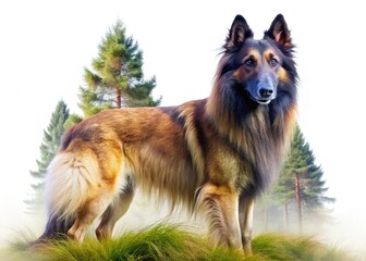 Fototapeta premium Dual-exposed Belgian Tervuren portrait: majestic canine beauty, pure breed elegance in captivating photography.