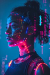  futuristic female athlete in glowing, high-tech attire illuminated by vibrant blue and pink neon lights