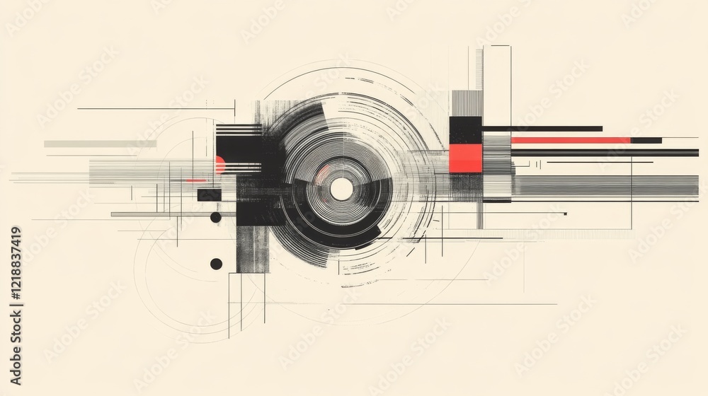 Poster abstract geometric design with concentric circles, lines, and rectangles in grayscale and red on a b