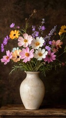 Vibrant Cosmos Lavender Bouquet in Rustic Ceramic Vase Still Life Photography