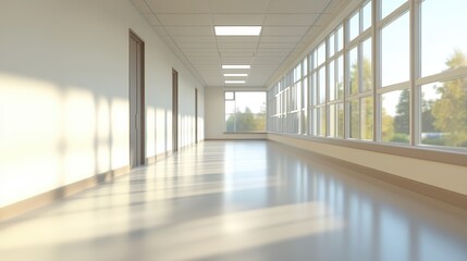 Fototapeta premium Bright and Spacious Hallway with Sunlight Streaming Through Large Windows in a Modern Building