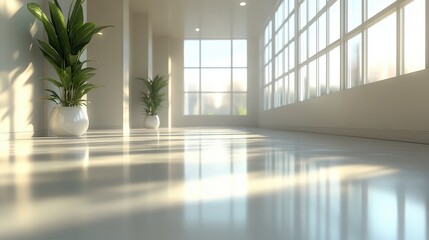 Fototapeta premium Spacious and Bright Empty Hallway with White Walls, Natural Light, and Potted Green Plants for Modern Interior Design Inspiration