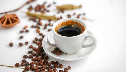 Elegant coffee still life with rich espresso and scattered coffee beans on white background