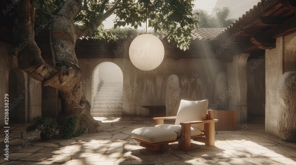 Poster a serene courtyard featuring a cozy chair, illuminated by soft light filtering through trees, creati