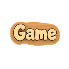 wooden signboard with engraved text reading 'game' in a playful cartoon style high quality png isolated on transparent background