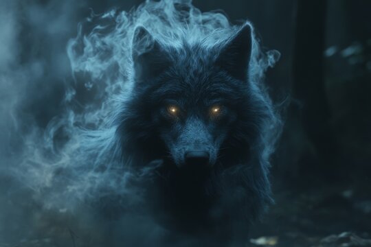Mystical black wolf surrounded by mist in a dark forest setting during twilight hours