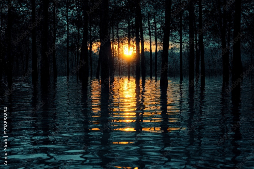 Aufkleber sunset reflected in calm waters surrounded by trees in a serene natural setting