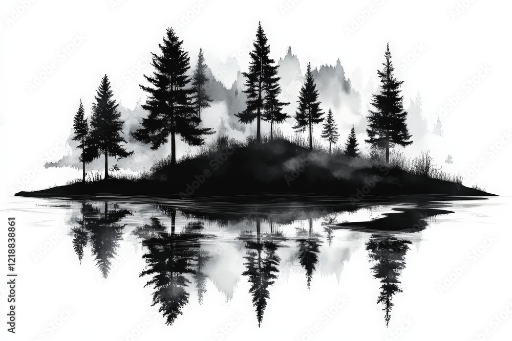 Poster reflections of coniferous trees on a tranquil lake in a misty forest setting at dawn