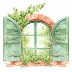 Watercolor Painting of a Rustic Arch Window with Green Shutters and Lush Greenery