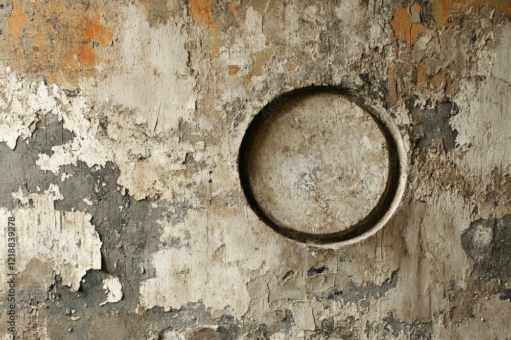 Poster texture of an aged wall with a circular indentation, showcasing decay and history of the structure