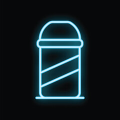 Blue neon sign of a classic barber shop pole glowing on black background