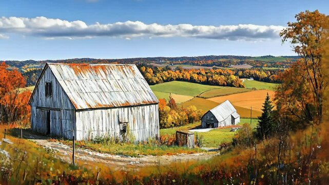 Scenic autumn landscape featuring rustic barns and vibrant foliage in a countryside setting