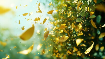 Golden Leaves Falling from Trees in a Dreamy Natural Background