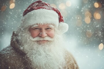 Winter scene of cheerful man in Santa hat smiling with snowflakes falling, surrounded by festive...