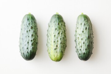 Three fresh cucumbers on a white background, photographed using natural light and a soft color style. Raw.