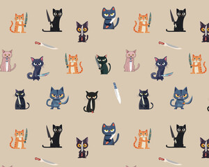 Seamless pattern of cats with knives. A repeating scattering of cats. Vector illustration