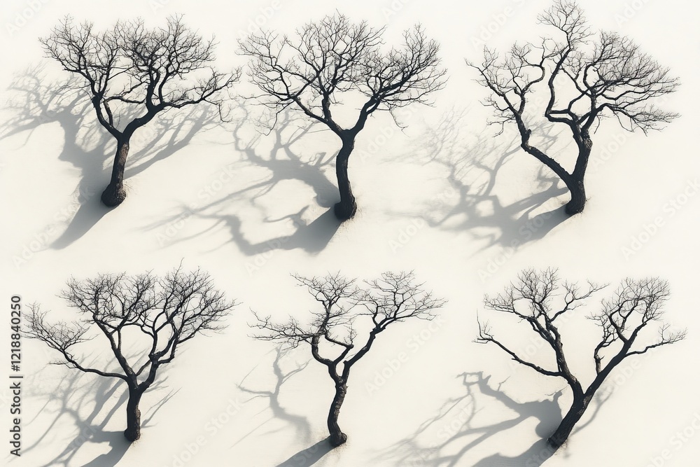 Poster unique tree shadows create artistic patterns on snow-covered ground during winter daylight