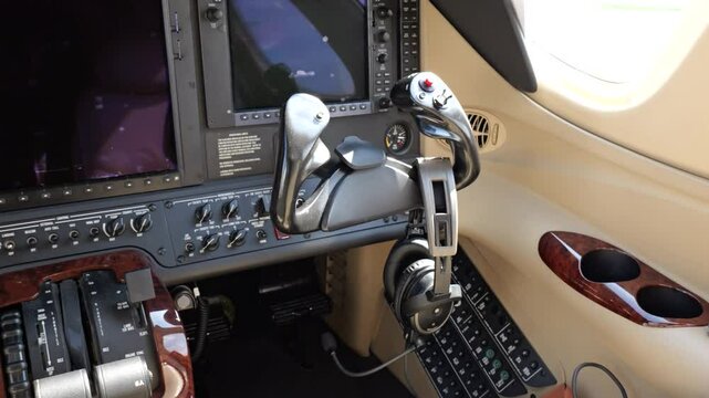 airplane's joystick yoke steering wheel gradually revealing cockpit jet intricate look into controls instruments backward shot aviation executive business precision flying 