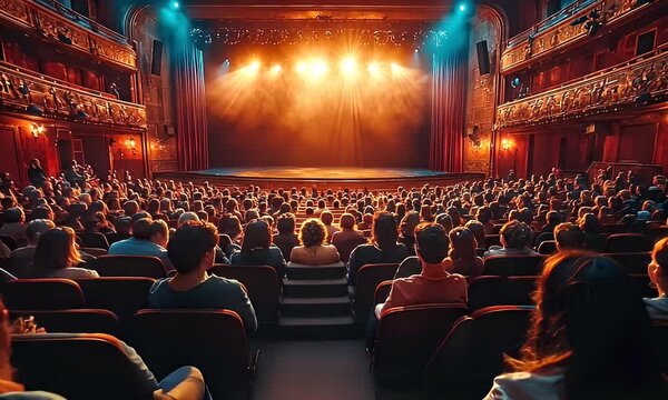 A packed theater audience anticipating a performance on stage.