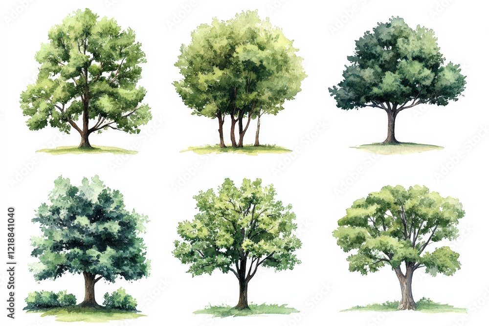 Poster different varieties of trees represented in a watercolor style, showcasing diverse greens and shapes