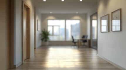 Obraz premium Modern Empty Office Interior With Blurred Background and Warm Lighting, Capturing a Minimalist Design Aesthetic Perfect for Professional Use