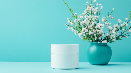 White Cosmetic Cream Jar Mockup Teal Background Flowers clean fresh plant image beauty floral design