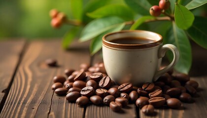Fototapeta premium A cup of black coffee and roasted coffee beans on a wooden table, with a plant