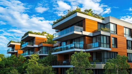 Obraz premium Modern Eco-Friendly Apartment Complex with Rooftop Gardens under Blue Sky