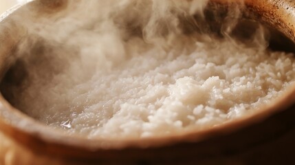 Close-up of rice cooking in a traditional clay pot. Featuring bubbling and steaming rice. Emphasizing traditional cooking methods. Ideal for culinary history and traditional recipe documentation.