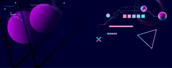 Dark retro futuristic cyberpunk elements abstraction background cosmos synthwave vaporwave retrowave glitch circle with blue and pink glows