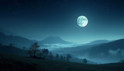 Serene moonlit landscape with rolling hills and a bright full moon