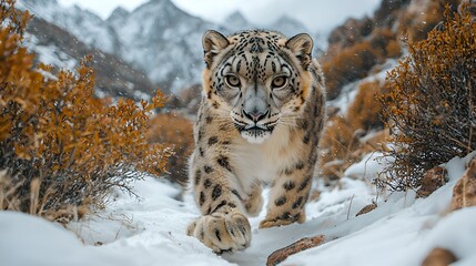 Obraz premium Snow leopard stalking in snowy mountains. Wildlife documentary image