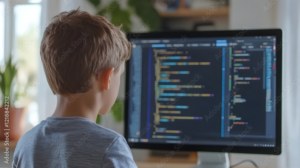 Poster young boy learning computer programming code screen child education technology studying digital deve