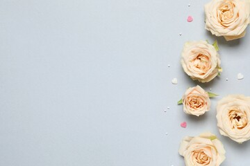 Beautiful composition with pink roses on gray background