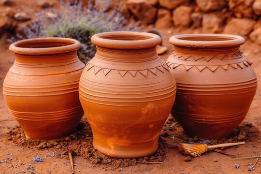 Three handcrafted clay pots with unique designs, set against a rustic background, showcasing traditional pottery art.