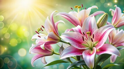 Fototapeta premium Beautiful White and Pink Lily Close-up, Floral Background, Copy Space