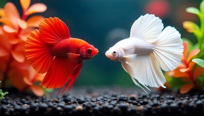 Obraz premium Red and white betta fish facing off in a tank, surrounded by smooth pebbles and clear water