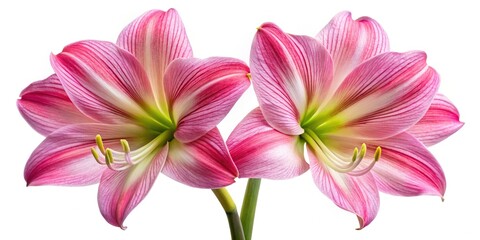 Fototapeta premium High-resolution aerial shot: vibrant pink amaryllis blossoms against a pure white backdrop.