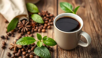 Aromatic coffee composition with roasted beans, anise stars and green leaves on wooden surface
