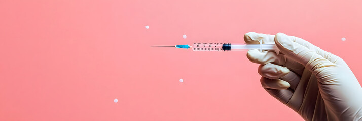 Horizontal banner. National Influenza Vaccination Week. Hand in medical glove with syringe on pink background. National Immunization Awareness Month. Immunization and vaccination. Free space for text