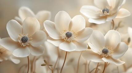 Minimal beige background, flowing anemones, soft organic tones, blank design space, smooth texture, 8K image