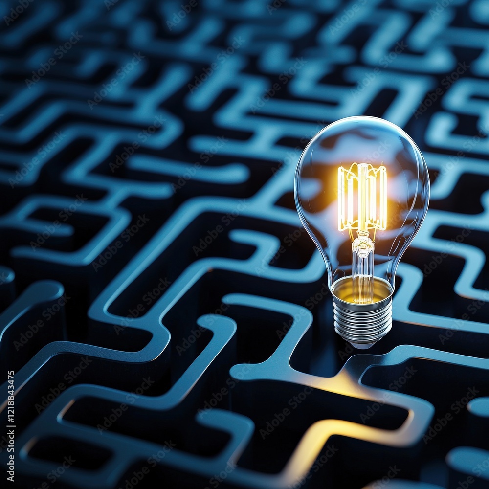 Poster light bulb illuminating a maze of interconnected puzzle components