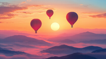 Fototapeta premium Colorful hot air balloons flying over mountain during sunrise 